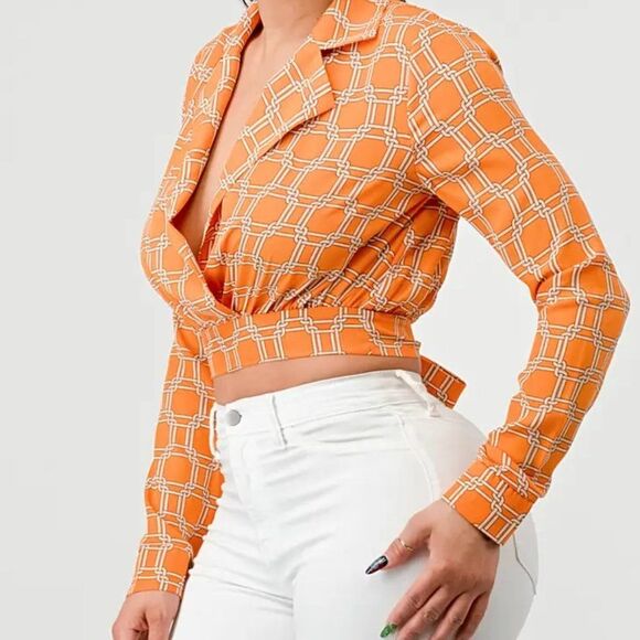 Luxe Wooldobby Print Collard Waist Back Tie Top - Picture 1 of 4